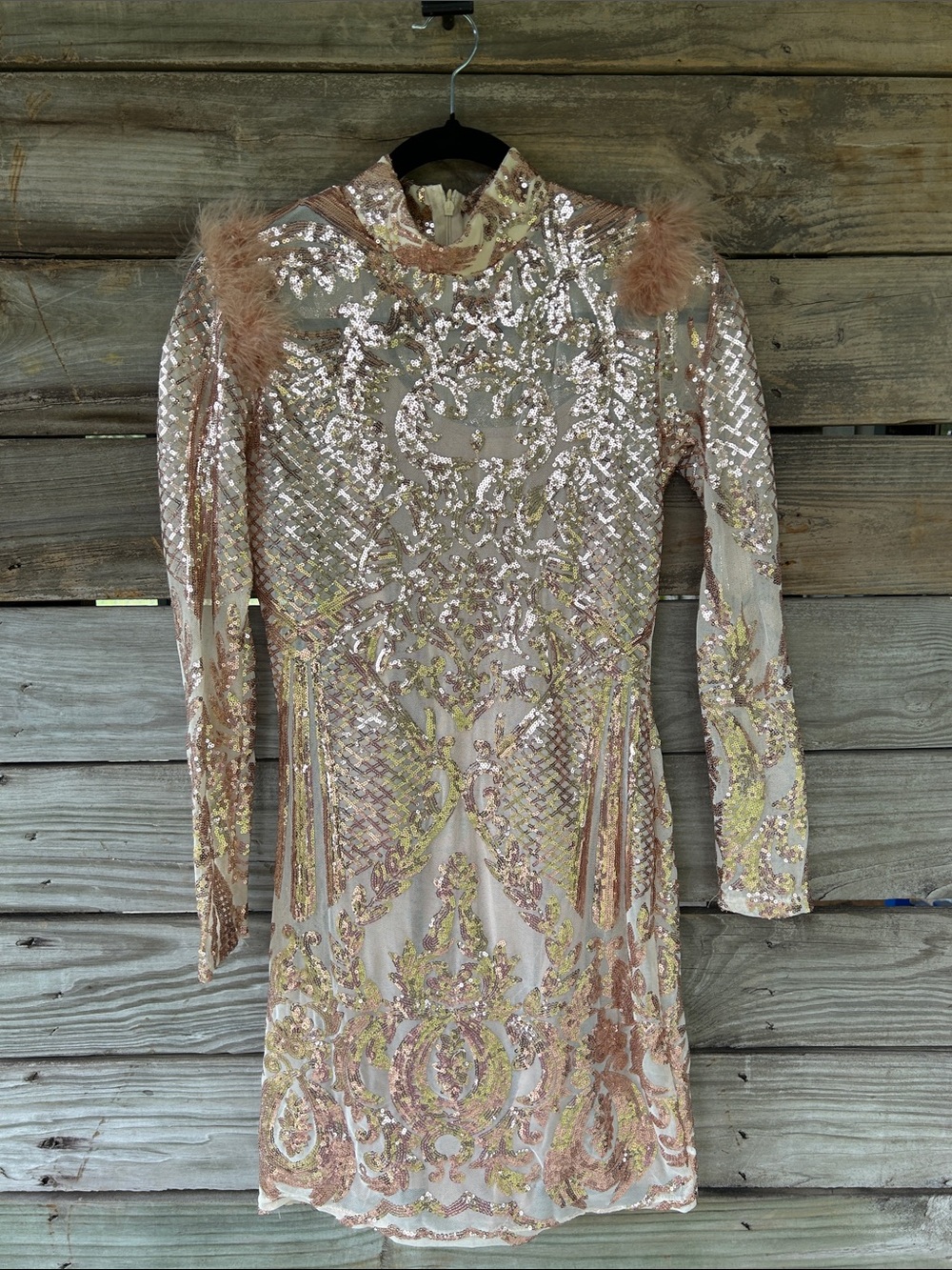 Sequin Embellished Long Sleeve Mini Dress - Blush